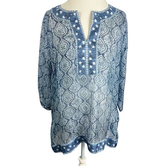 Gretchen Scott Blue Print Silk Tunic Top Semi Sheer Resort Beachy Size L - Picture 3 of 9